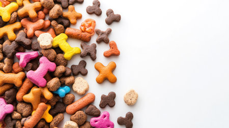 Top view of a mix of dog treats and colorful toys on a plain white background, leaving ample space for text or designの素材