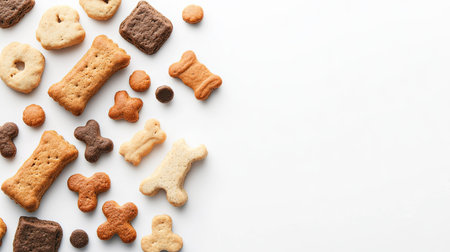 Top view of dog food, biscuits, and toys on a clean white background, leaving ample space for copy or design elementsの素材