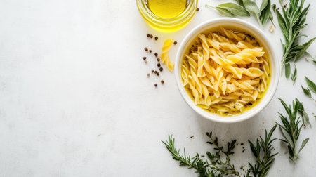 Top view of pasta with herbs and olive oil in a bowl, surrounded by blank white space for textの素材