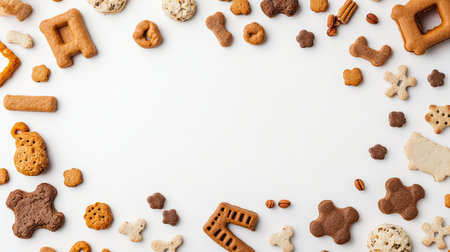 Top view of dog food, biscuits, and toys on a clean white background, leaving ample space for copy or design elementsの素材