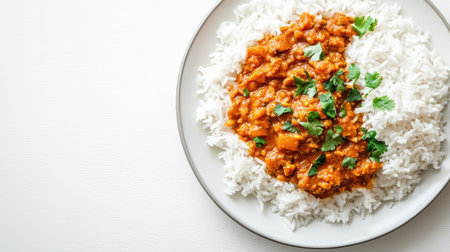 Top view of rice and curry served on a plate, placed on a white background with copy space availableの素材