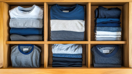Top view of wooden drawers with t-shirts, socks, and underwear neatly folded. No people, copy spaceの素材