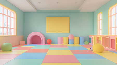 A fun 3D-rendered school playroom with colorful walls, soft play areas, and no people, room for copy space.の素材