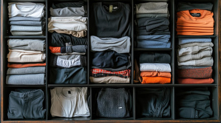 Top view of organized drawers with folded underwear, t-shirts, socks, and shorts. No people, copy spaceの素材