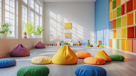 A spacious 3D-rendered school playroom with bean bags and building blocks, no people, clear copy space on the floor.の素材