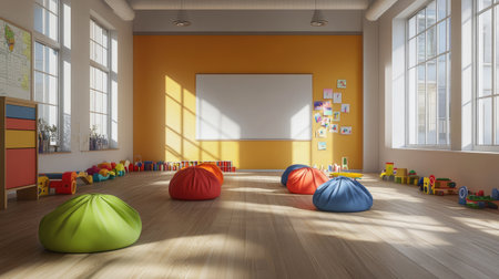 An empty 3D-rendered school playroom with colorful bean bags and toys, open area with copy space on the floor.の素材