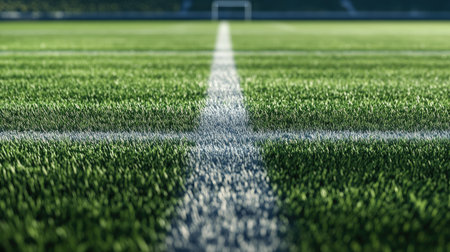 Ultra-realistic 3D rendering of a football field, focusing on the midfield logo and empty surroundings, large copy space.の素材