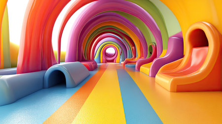 A whimsical 3D playground with tunnels and slides, bright colors, no people, large copy space available on the ground.の素材