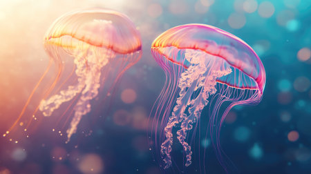 A tranquil underwater view of two colorful jellyfish floating in the ocean, soft glow, and open space for text or graphics.の素材