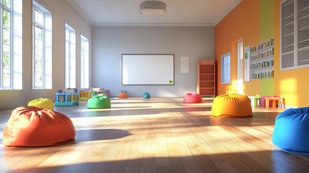 An empty 3D-rendered school playroom with colorful bean bags and toys, open area with copy space on the floor.の素材
