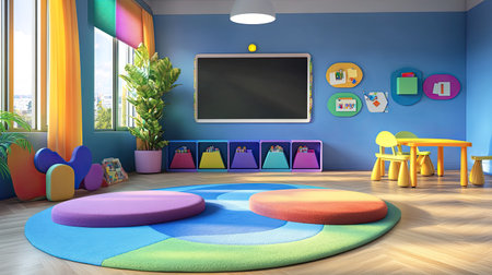 A fun 3D-rendered school playroom with interactive displays and colorful rugs, clear copy space on the floor.の素材