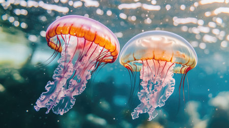 Two vividly colored jellyfish gliding through serene ocean waters, soft light and bubbles, ample copy space surrounding the scene.の素材