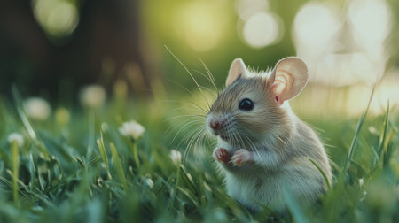 A tiny mouse with soft fur sitting in a field of grass, with plenty of copy space in the background for text or branding.の素材