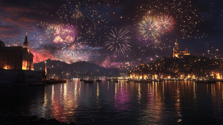 Bright fireworks bursting over a European coastal city, with plenty of room for copy or designs.の素材