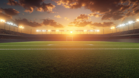 Sunset view of a 3D-rendered football field with glowing stadium lights and a clear sky, large area for copy space above.の素材