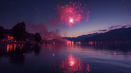 Bright fireworks lighting up a European lake during a festival, with ample space for copy.の素材
