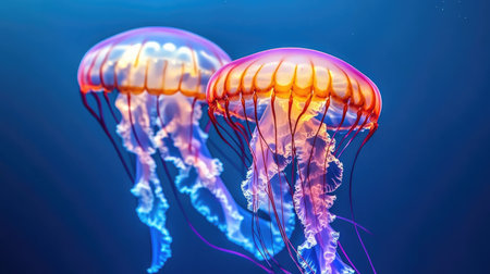 A pair of colorful jellyfish drifting through a calm ocean scene, bright hues glowing underwater, large area for copy space.の素材