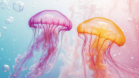 Two vividly colored jellyfish gliding through serene ocean waters, soft light and bubbles, ample copy space surrounding the scene.の素材