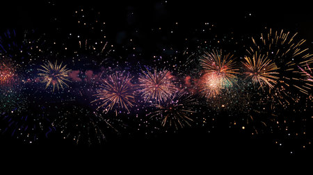 Colorful fireworks filling the night sky with bursts of light, leaving room for text below.の素材