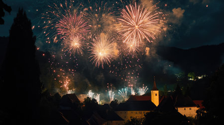 Bright fireworks lighting up a European countryside festival, with space for copy at the bottom.の素材