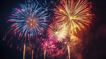 Fireworks in bright colors bursting across the dark sky, providing space for text or messaging below.の素材