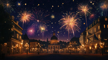 A night sky filled with fireworks in celebration over a European plaza, leaving space for text at the bottom.の素材
