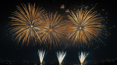 Fireworks exploding in celebration against a dark sky, with plenty of copy space below.の素材