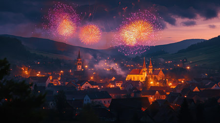 Bright fireworks lighting up a European countryside festival, with space for copy at the bottom.の素材