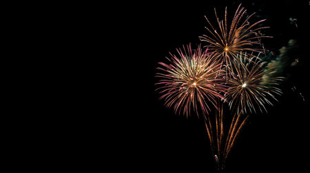 Fireworks erupting in vivid colors against the night sky, with clear space below for copy.の素材