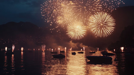 Bright fireworks lighting up a European lake during a festival, with ample space for copy.の素材