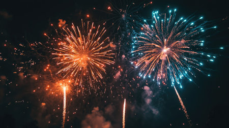 Fireworks exploding in bright colors over the dark sky, with clear copy space at the bottom.の素材