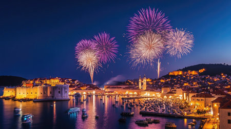Fireworks lighting up the night sky over a European harbor, providing room for messaging below.の素材