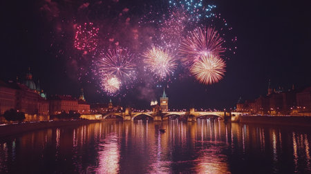 Fireworks exploding in brilliant colors over a European river, providing room for messaging at the bottom.の素材