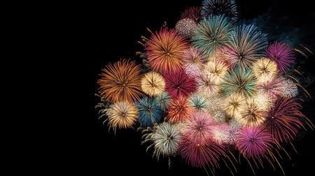 Fireworks exploding in bright colors over a dark background, with clear space for copy below.の素材