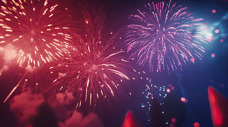 Fireworks filling the sky with brilliant colors, providing ample space for copy below.の素材