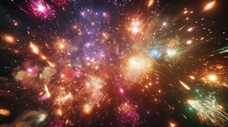 Bright, colorful fireworks spreading across the sky in celebration, leaving room below for copy.の素材