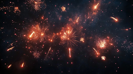 Fireworks in a dazzling display lighting the dark sky, with plenty of copy space below.の素材