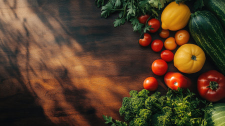 A colorful top-down view of assorted fresh produce on a wooden surface, with clear copy space available for textの素材