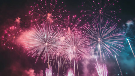 Colorful fireworks filling the sky with excitement, with room for copy at the bottom.の素材