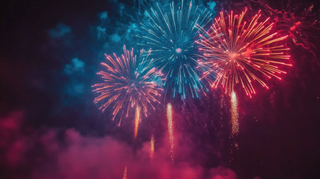 Fireworks exploding in multiple colors across the night, with room for text or messaging below.の素材