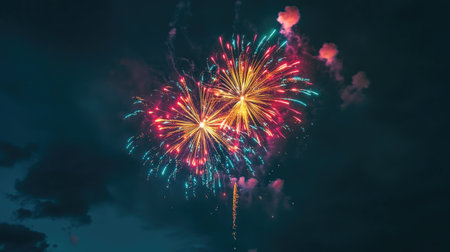 Fireworks bursting in vibrant colors against a dark sky, with room for text or design elements.の素材