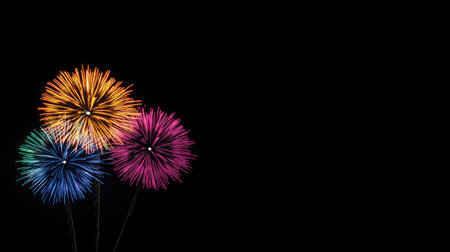 Fireworks in vivid colors shooting across the sky, with black space below for copy or design elements.の素材