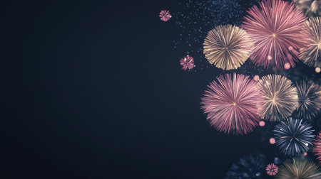 Bright fireworks in full bloom over the dark sky, with clear space for text at the bottom.の素材