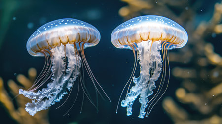 Two little jellyfish swimming peacefully in the sea, their translucent bodies glowing, with plenty of copy space above and around.の素材