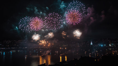 A night sky filled with colorful fireworks, with plenty of room for text below.の素材