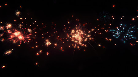 Fireworks in vibrant colors illuminating the night, with clear space for copy below.の素材