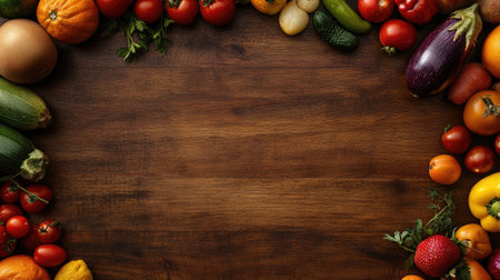 A top-down view of an assortment of fresh fruits and vegetables on a wooden surface, with clear copy space available aroundの素材