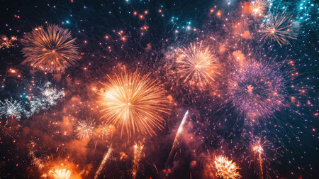 Fireworks illuminating the sky over a European festival, providing clear space for text at the bottom.の素材