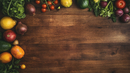 A top-down view of an assortment of fresh fruits and vegetables on a wooden surface, with clear copy space available aroundの素材