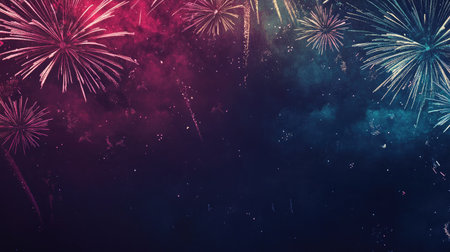 Fireworks exploding in vibrant colors over the night sky, with room for text below.の素材